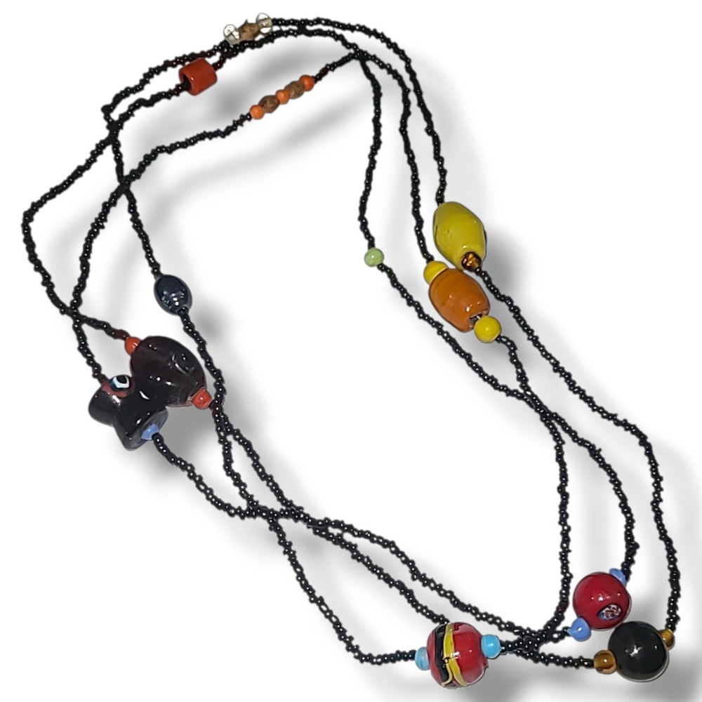 Artisan Black Seed Bead Murano Style Glass Bead Necklace Single Strand 58"